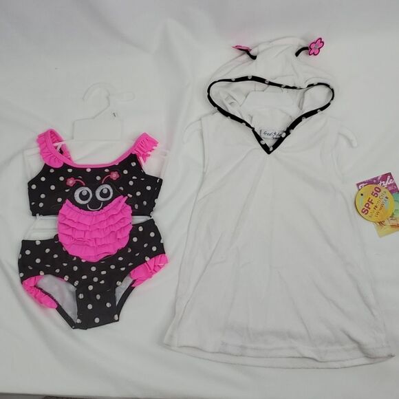 NEW 24 MO 2T LADY BUG PINK BLACK SWIMSUIT + COVERUP SET Nordstrom NWT - Picture 1 of 8